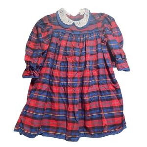 Vintage Girl's Plaid Cottagecore Dress Little Star Size 6x Lace Embroider Collar